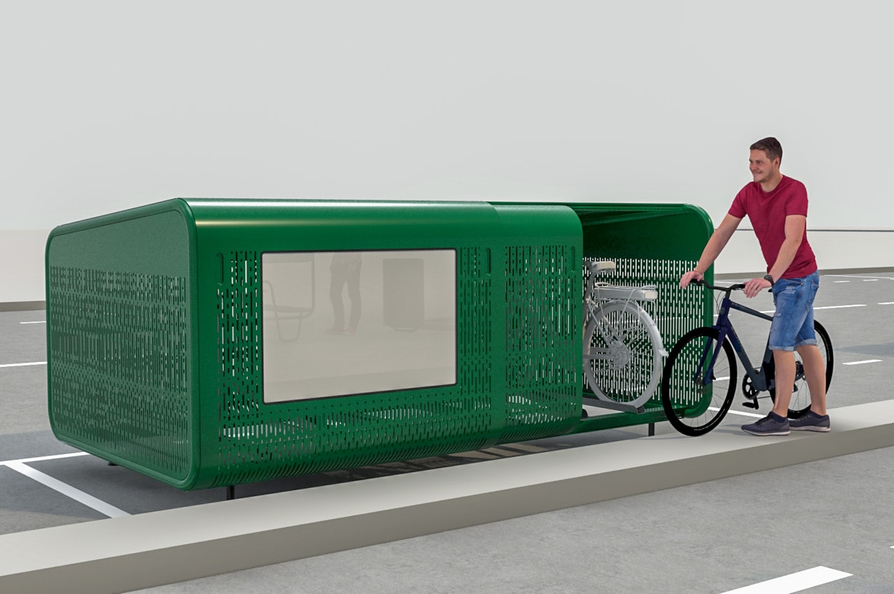 Vue d'un exemple du catalogue de mobilier urbain de PLIX avec un abris vélo